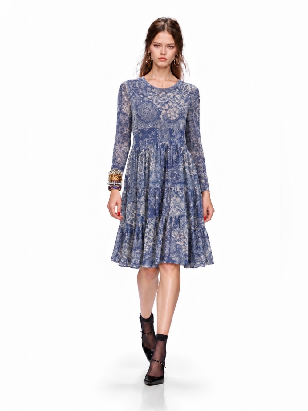 New🌺$225JohnnyWas Jade Long Sleeve Mesh Tiered Dress Blue Paisley Floral Print S